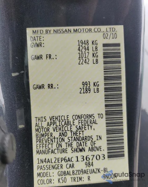 2010 Nissan Altima S from USA, damaged, VIN 1N4AL2EP6AC136703